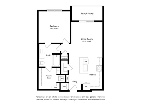 A floor plan of a house with a bedroom, bathroom, living room, kitchen, and entry.